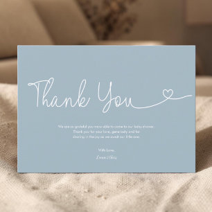 Dusty Blue Pojke Babyshower Manus Skript Hjarta Tack Kort