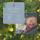 Dusty Blue Pojke Birth Stats Photo Julgransprydnad Keramik<br><div class="desc">Anpassa till baby namn och födelsestatus och speciella foton på motsatt sida. En underbar keepy för att fira din nya ankomst! Designad av Thisisnotme©</div>