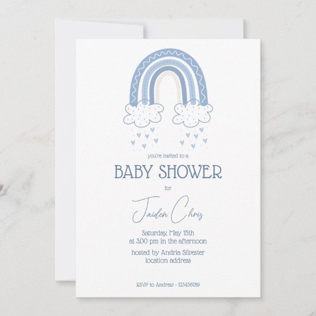Dusty Blue Pojke Boho Stil Baby Shower Inbjudningar (Framsida)