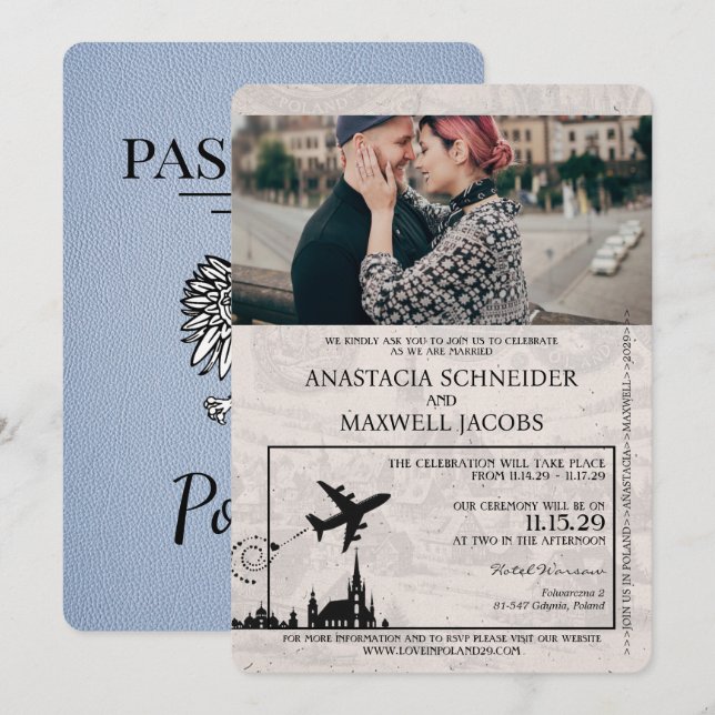 Dusty Blue Poland Passport Wedding bjudande Inbjudningar (Fram/baksida)