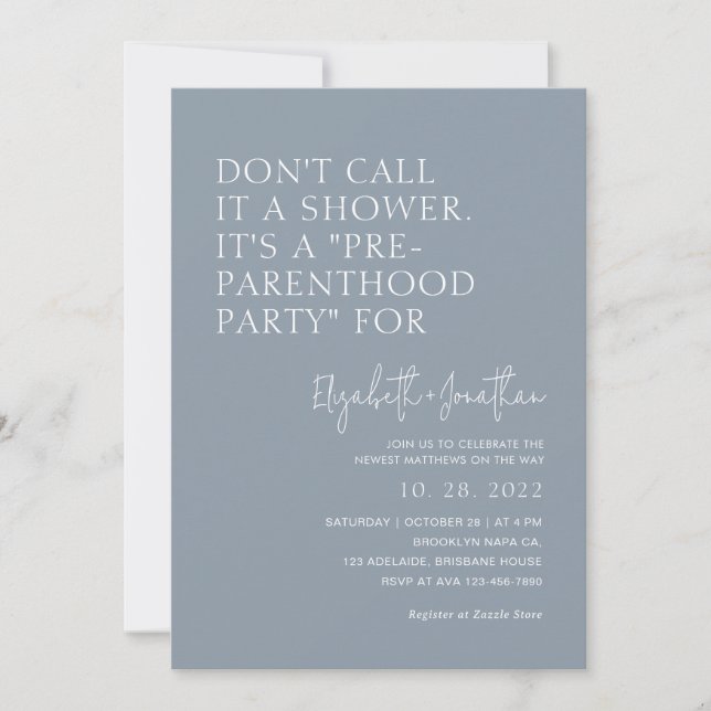 Dusty Blue Pre - Parenthood Party | Babyskor Inbjudningar (Framsida)