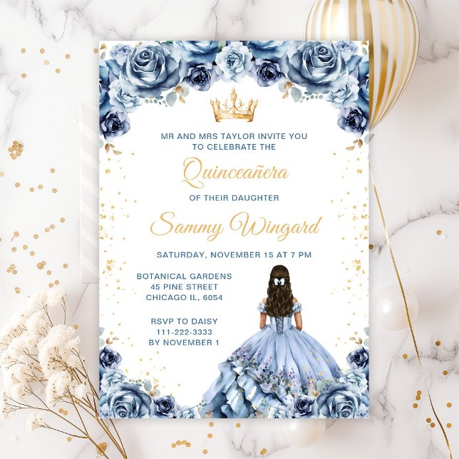 Dusty Blue Princess Blommig Quinceañera Inbjudningar (Skapare uppladdad)