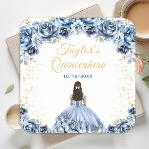 Dusty Blue Princess Blommig Quinceañera Underlägg Papper Kvadrat