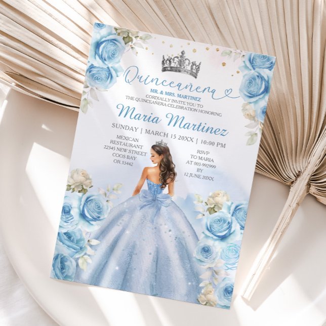 Dusty Blue Princess Blommigt Silver Quinceañera Inbjudningar (Skapare uppladdad)