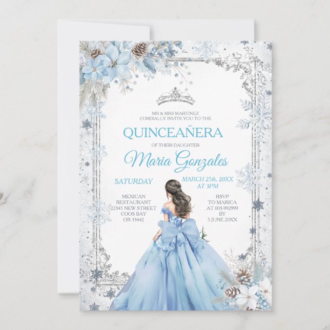 Dusty Blue Princess Floral Winter Snow Quinceañera Inbjudningar (Framsida)