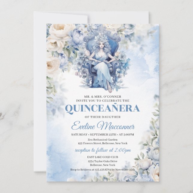 Dusty Blue Princess med blommor och Tiara Inbjudningar (Framsida)