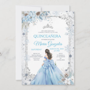 Dusty Blue Prinsessa Blommig Vinter Snö Quinceañer Inbjudningar