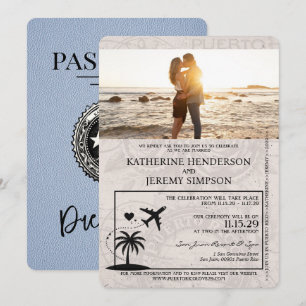 Dusty Blue Puerto Rico Passport Bröllop Inbjudningar