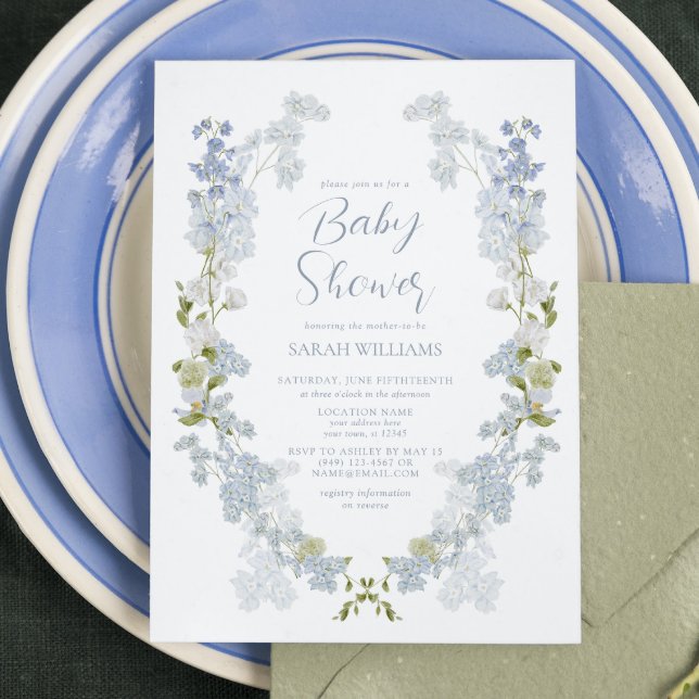 Dusty Blue QR Blommigt Watercolor Baby Shower Inbjudningar (Sweet Blooms: A Blue Floral Baby Shower Celebration!)