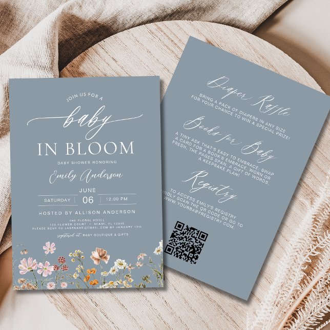 Dusty Blue QR Code Wildblomma Baby i Bloom Inbjudningar (Skapare uppladdad)