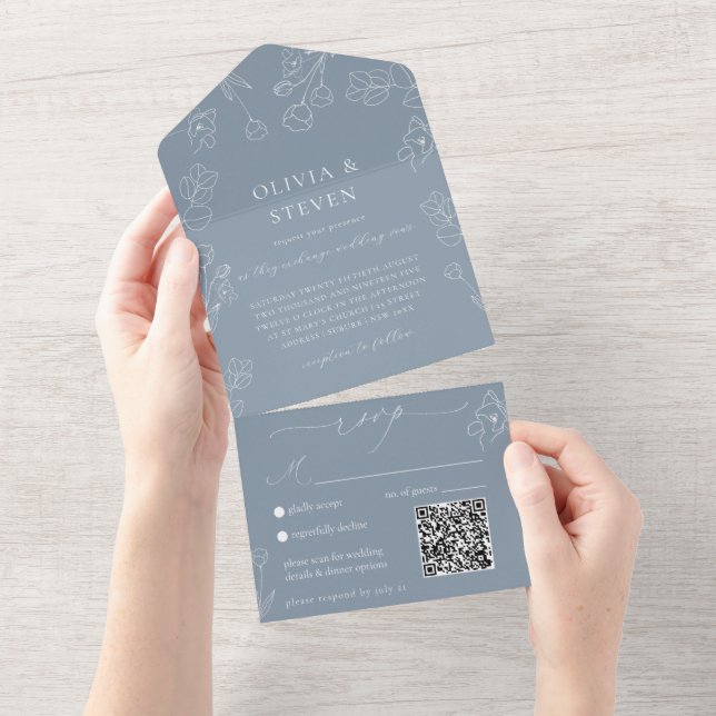 Dusty Blue QR-kod - allt i en inbjudan (Avrivbar del)