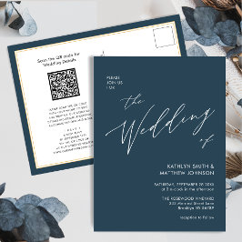 Dusty Blue QR-kod allt i en modern Chic Bröllop Inbjudan Vykort