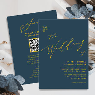 Dusty Blue QR-kod allt i ett Guld-skript Bröllop Inbjudningar