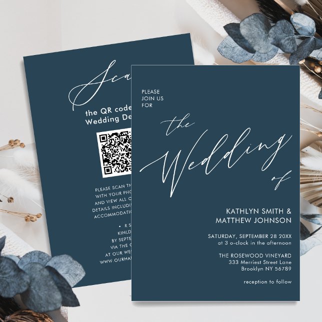 Dusty Blue QR-kod allt i ett minimalistiskt Bröllo Inbjudningar (Skapare uppladdad)