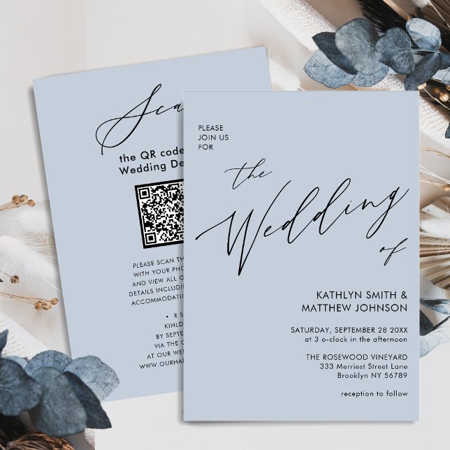 Dusty Blue QR-kod allt på en Elegant bröllop Inbjudningar (Skapare uppladdad)