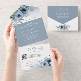 Dusty Blue QR-kod Bröllop för Blommigt med visuell