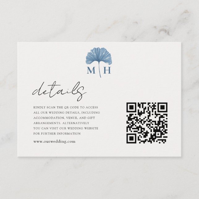 Dusty Blue QR-kod Monogram Bröllopsdetaljer Tilläggskort (Framsida)