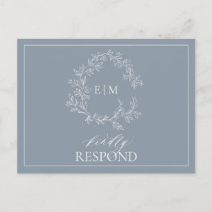 Dusty Blue QR Leafy Vapensköld Monogram Bröllop OS Inbjudan Vykort