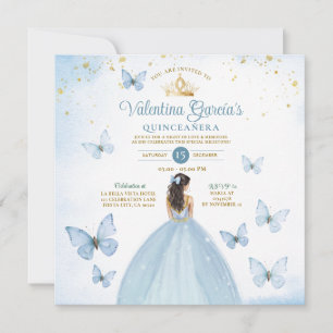 Dusty Blue Quinceañera 15 Anos Butterfly Guld Inbjudningar