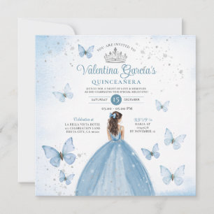 Dusty Blue Quinceañera 15 Anos Butterfly Silver Inbjudningar