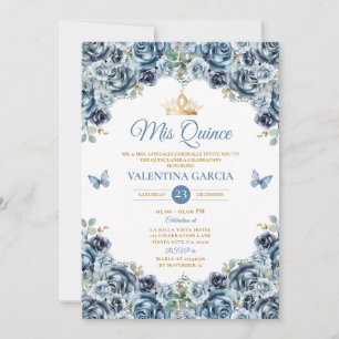 Dusty Blue Quinceañera 15 År Blommor Guld Krona Inbjudningar