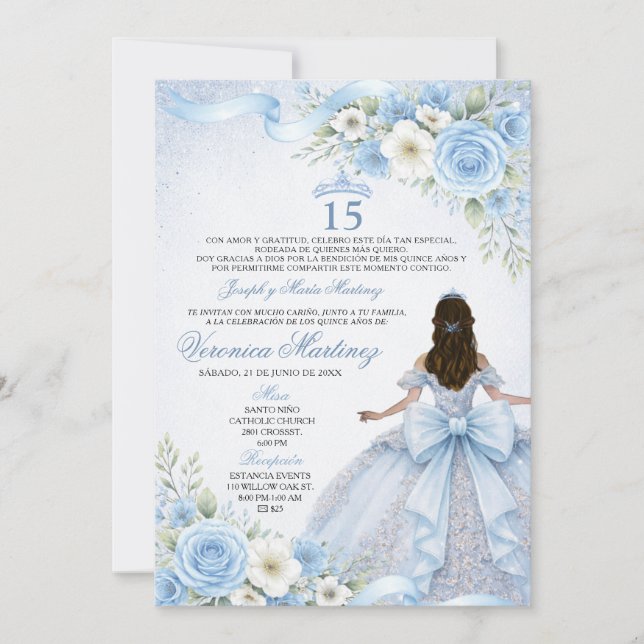 Dusty Blue Quinceañera 15 År Mis Quince Krona Inbjudningar (Framsida)