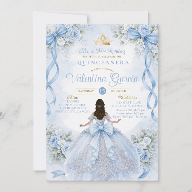 Dusty Blue Quinceañera med rosett Inbjudningar (Framsida)