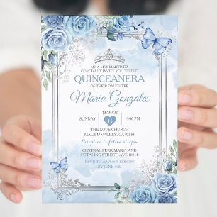 Dusty Blue Quinceañera Silver Krona Butterfly Inbjudningar