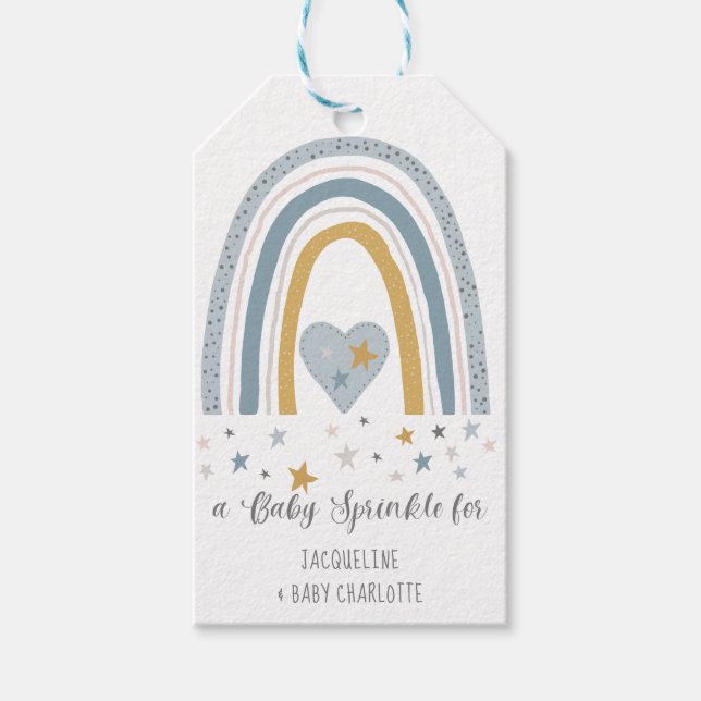 Dusty Blue Rainbow Modern Pojke Sprinkle Shower Presentetikett (Framsidan)