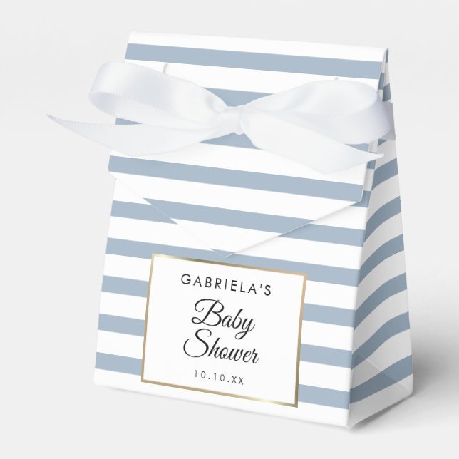 Dusty Blue Randig Elegant Guld Bebis Shower Presentaskar (Framsidan Sidan)