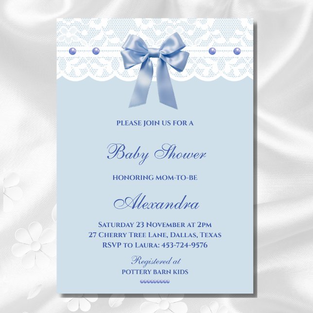 Dusty Blue Recue Bow Pearl Snöre Baby Shower Inbjudningar (Skapare uppladdad)