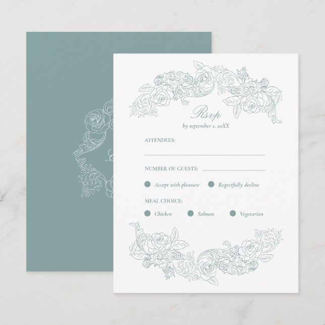 Dusty Blue Regency Bröllopsmåltidsval RSVP-kort OSA Kort (Fram/baksida)