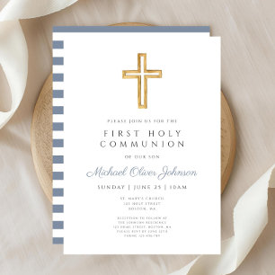 Dusty Blue Religiösa Kor Boy First Communion Inbjudningar