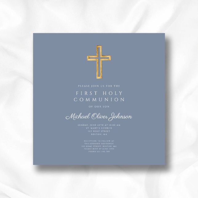Dusty Blue Religiösa Kor Boy First Communion Inbjudningar (Dusty Blue Religious Cross Boy First Communion Invitation)