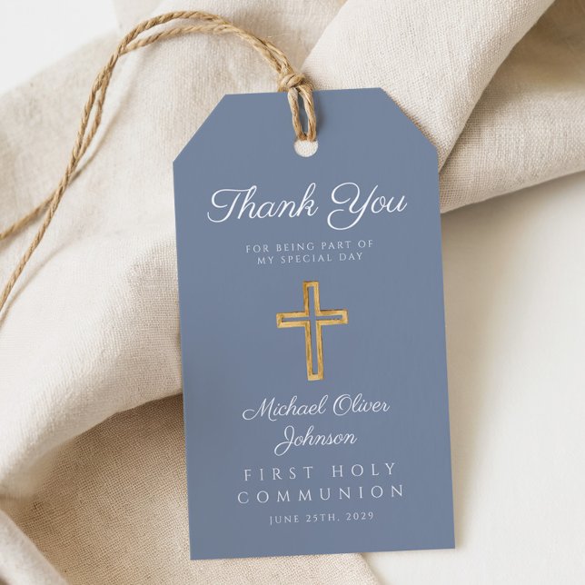 Dusty Blue Religiösa Kor Boy First Communion Presentetikett (Dusty Blue Religious Cross Boy First Communion Gift Tags)
