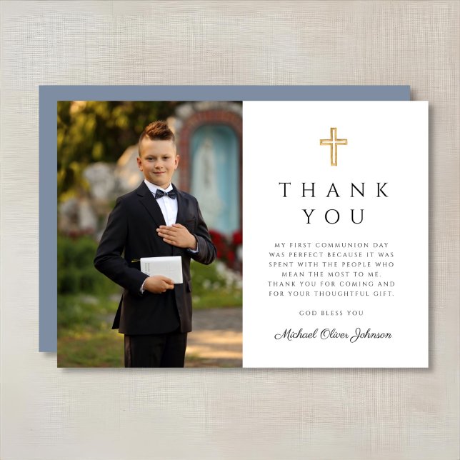 Dusty Blue Religiösa Kor Boy First Communion Tack Kort (Dusty Blue Religious Cross Boy First Communion Thank You Card)