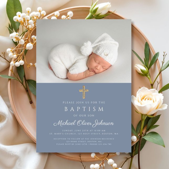 Dusty Blue Religiösa Kor Boy Photo Baptism Inbjudningar (Dusty Blue Religious Cross Boy Photo Baptism Invitation)