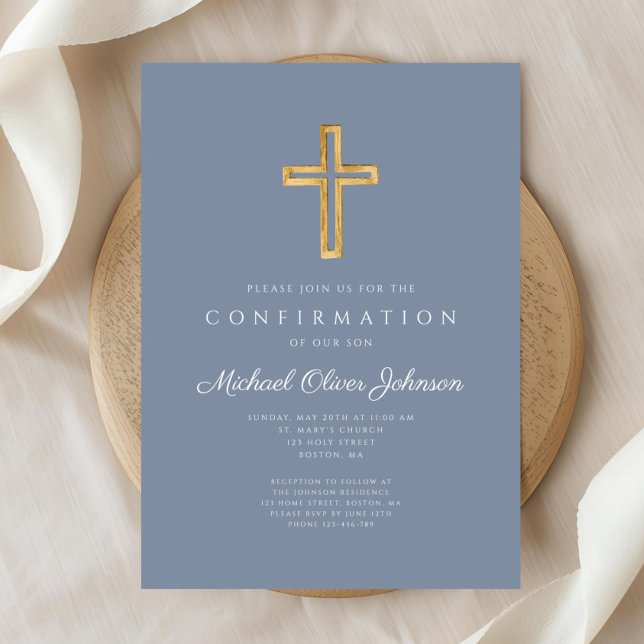 Dusty Blue Religiösa Wood Kor Boy Bekräftelse Inbjudningar (Dusty Blue Religious Wood Cross Boy Confirmation Invitation)