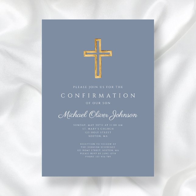 Dusty Blue Religiösa Wood Kor Boy Bekräftelse Inbjudningar (Dusty Blue Religious Wood Cross Boy Confirmation Invitation)