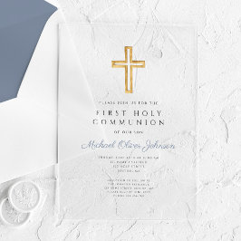 Dusty Blue Religiöst Kors Pojke Första Kommunionen