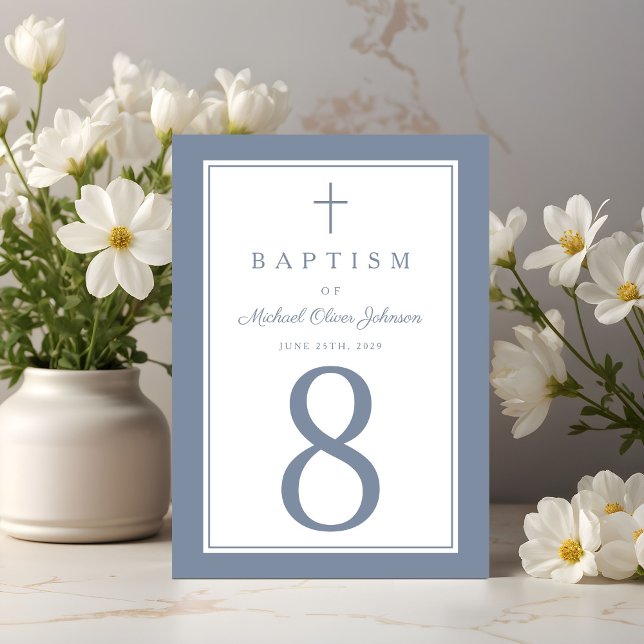 Dusty Blue Religious Cross Boy Baptism Bordsnummer (Dusty Blue Religious Cross Boy Baptism Table Number)