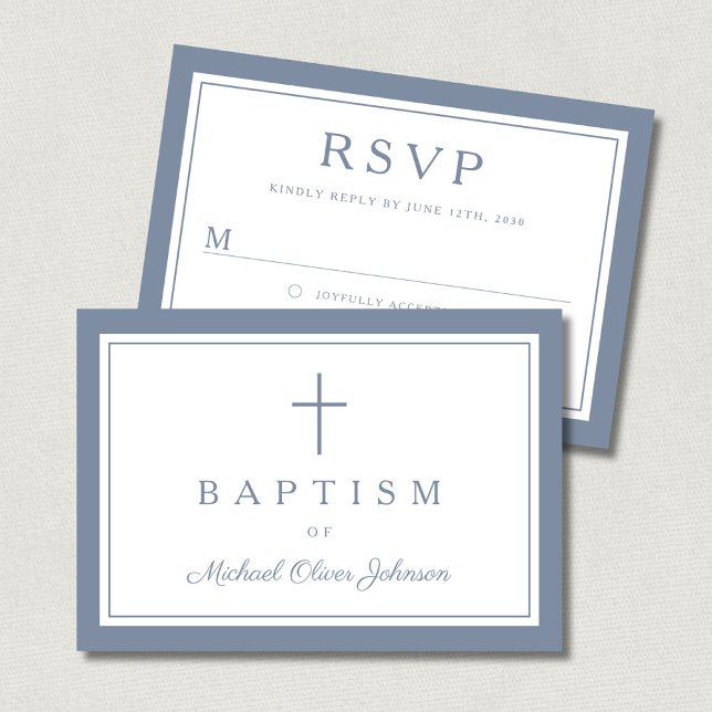 Dusty Blue Religious Cross Boy Baptism  OSA Kort (Dusty Blue Religious Cross Boy Baptism RSVP Card)