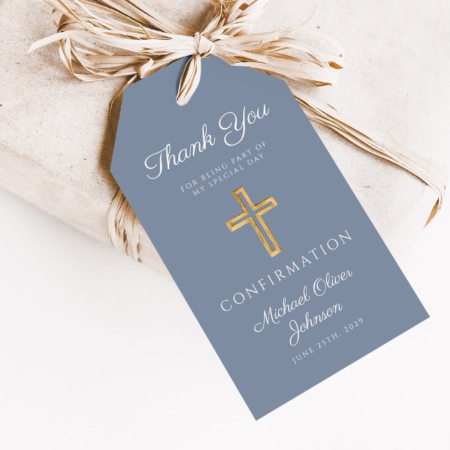 Dusty Blue Religious Cross Boy Confirmation Presentetikett (Dusty Blue Religious Cross Boy Confirmation Gift Tags)