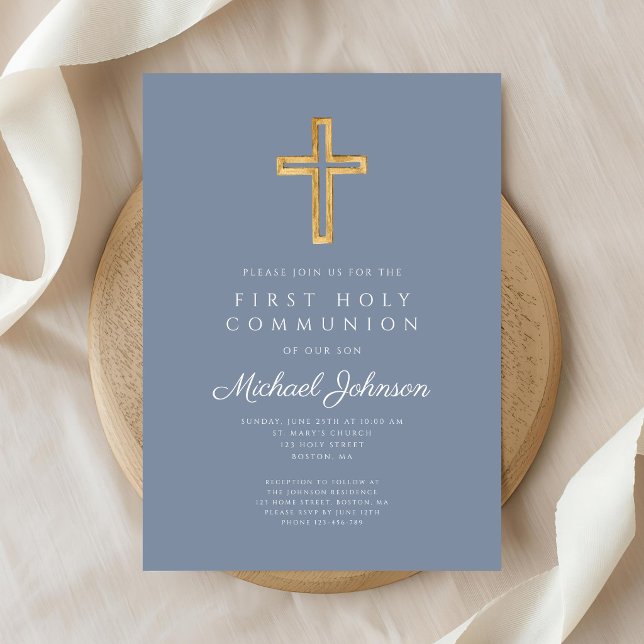 Dusty Blue Religious Cross Boy First Communion Inbjudningar (Dusty Blue Religious Cross Boy First Communion Invitation)