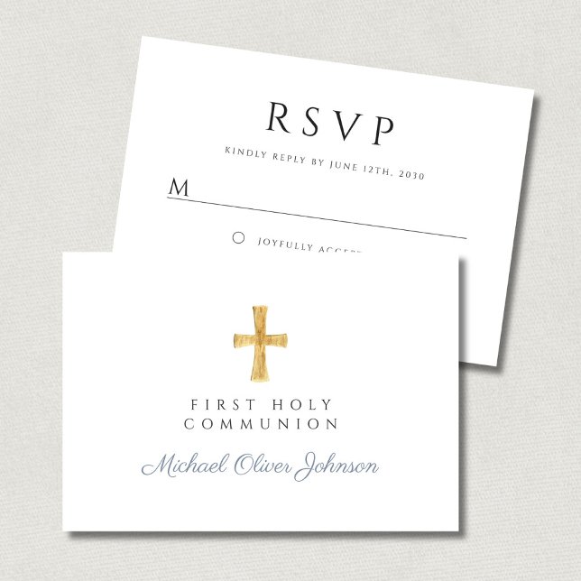 Dusty Blue Religious Cross Boy First Communion OSA Kort (Dusty Blue Religious Cross Boy First Communion RSVP Card)
