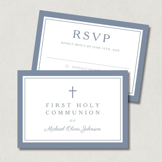 Dusty Blue Religious Cross Boy First Communion  OSA Kort (Dusty Blue Religious Cross Boy First Communion RSVP Card)