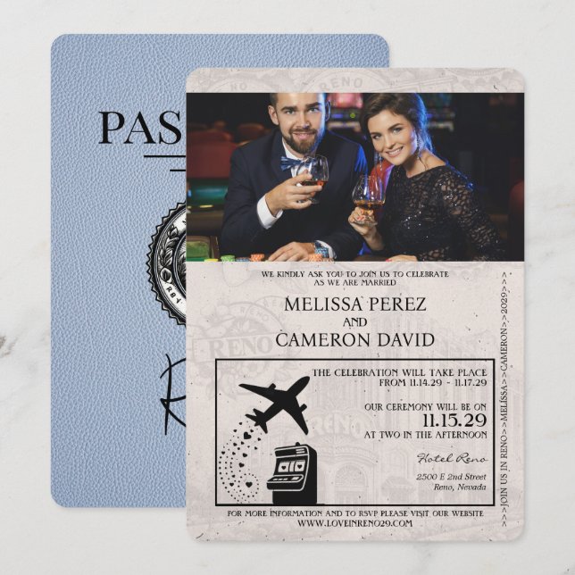 Dusty Blue Reno Passport Wedding bjudande Inbjudningar (Fram/baksida)