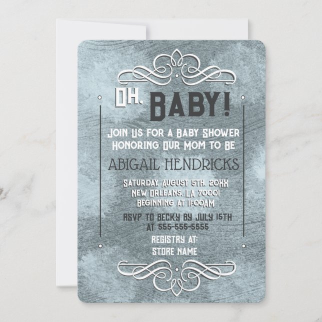 Dusty Blue Retro Art Deco Stil Baby Shower Inbjudningar (Framsida)
