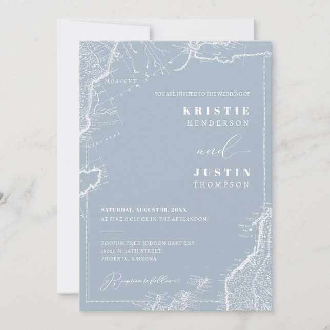 Dusty Blue Retro Travel QR-kodfoto Bröllop Inbjudningar (Framsida)