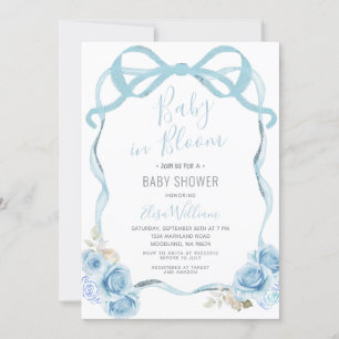 Dusty Blue Ribbon Bow Baby i Bloom Inbjudningar